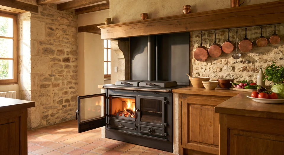 Cuisinière à bois traditionnelle installée dans une cuisine chaleureuse et accueillante, avec la porte du foyer ouvert révélant les flammes visibles à l'intérieur. L'équipement est intégré harmonieusement dans un environnement domestique confortable, montrant un plan de travail adjacent et des éléments de cuisine. La chaleur et l'ambiance dégagées par les flammes sont bien visibles, transmettant l'authenticité, le confort et la polyvalence de cet équipement de chauffage et de cuisson.