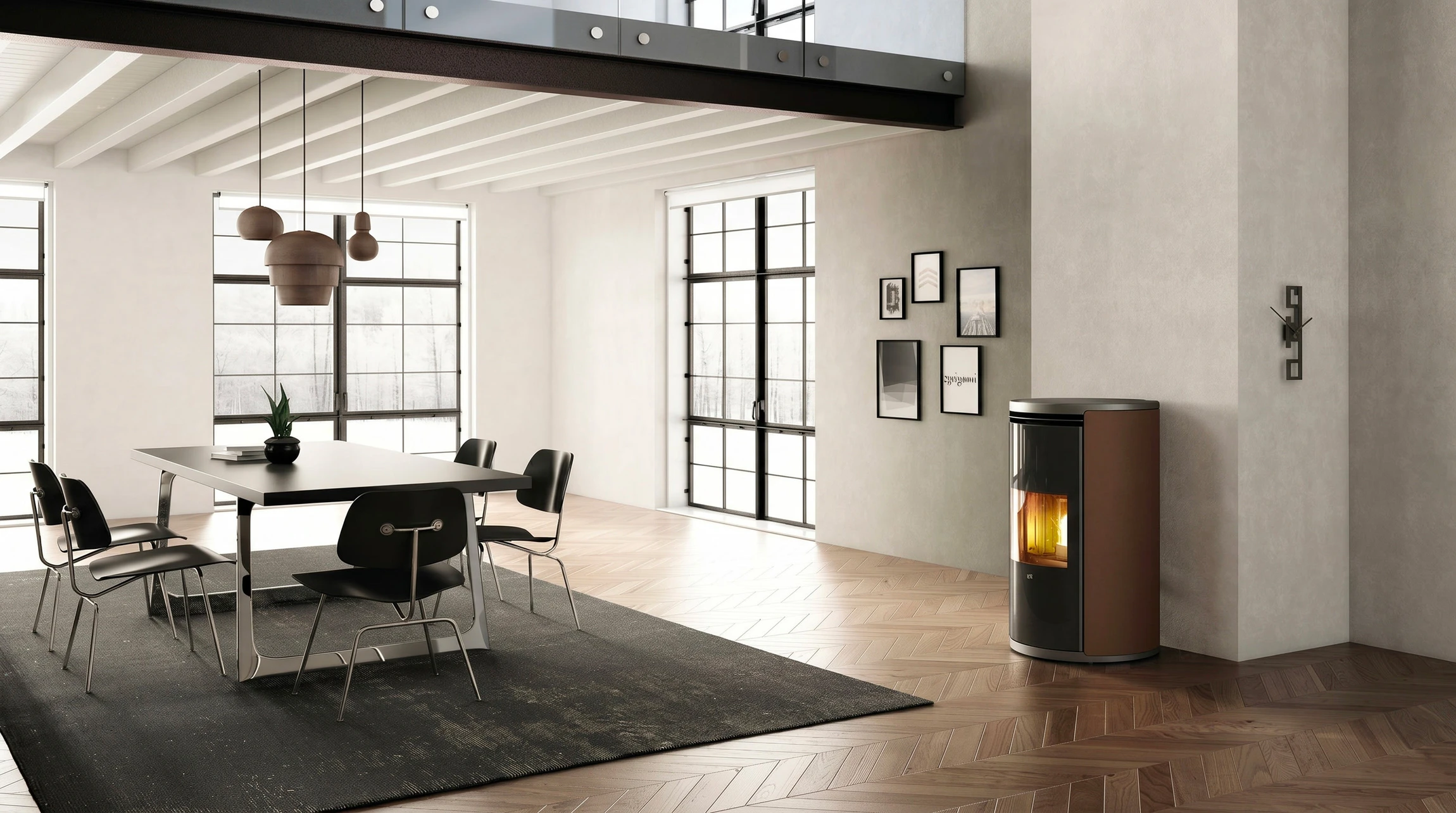 Intérieur moderne avec poêle à granulés en fonctionnement, flammes visibles dans le foyer vitré