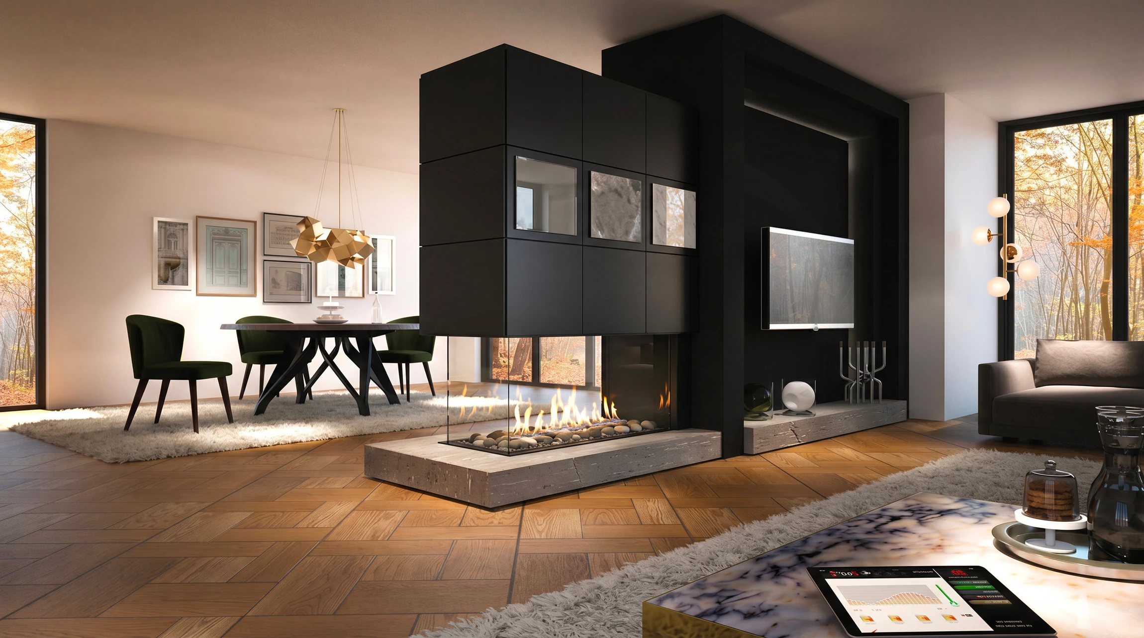 Salon moderne avec cheminée à gaz intégrée dans mur blanc, fauteuils bleus, mobilier en bois clair